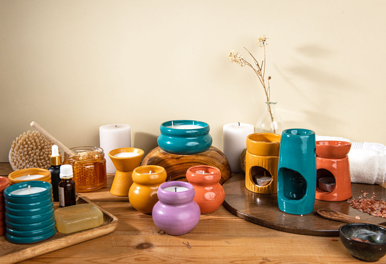 Setup of Handmade Ceramic Candles and Oil Burners